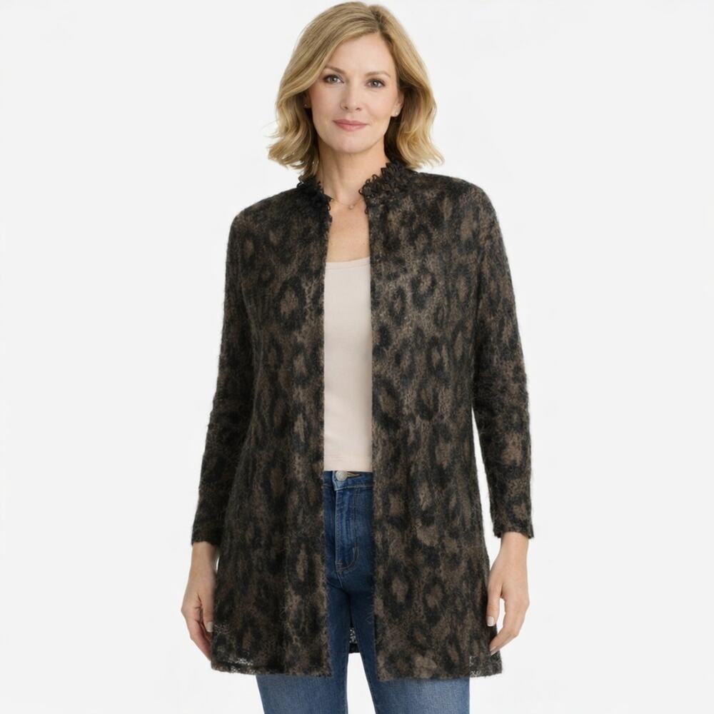 Marc Cain Mohair Alpaca Wool Long Leopard Open Knit Cardigan Sz Large Designer